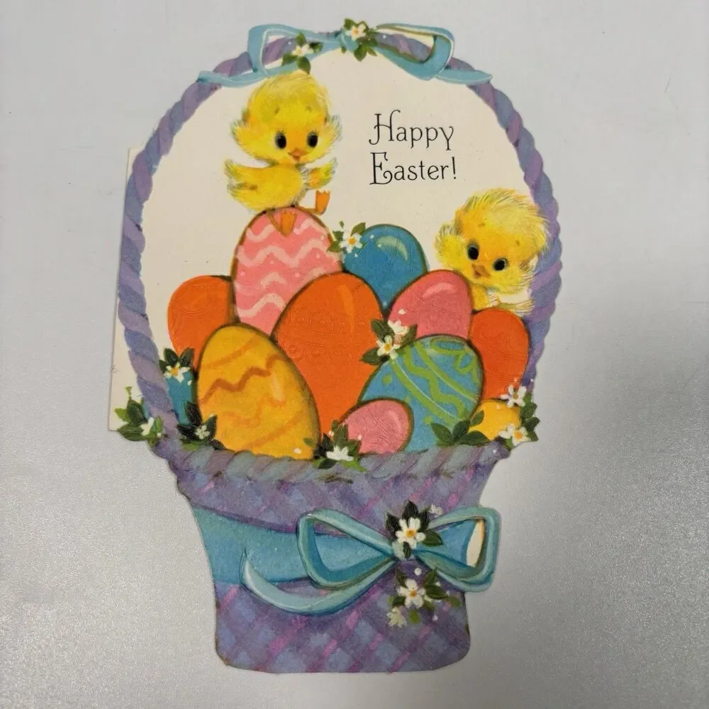 Vintage Easter Basket Chicks Die Cut Greeting Card Embossed Wall Decor Art